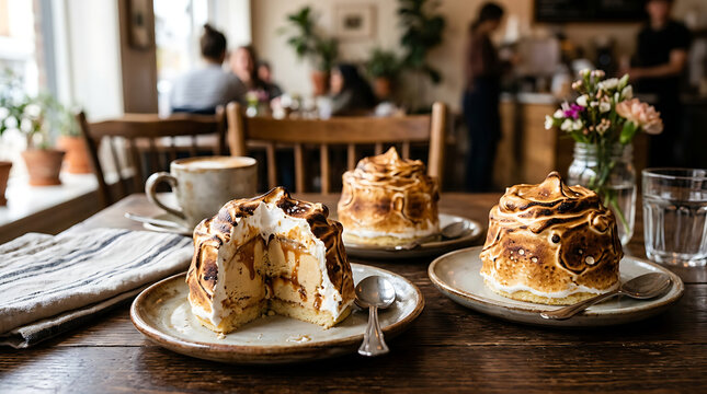 Three baked alaska desserts served on ceramic plates on a rustic wooden table in a busy cafe
