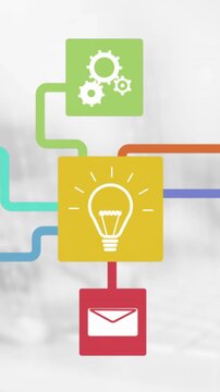 Animation of flowchart of icons over cropped hand using laptop