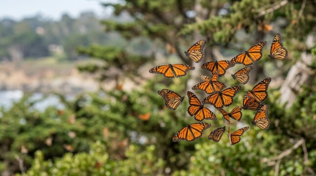 Group of monarch butterflies flying in a cluster during migration. Swarm of insects in flight against a blurred forest background. Wildlife nature scene