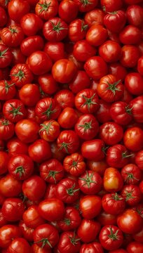 Fresh ripe red tomatoes densely arranged to showcase their vibrant color, natural texture, green stems, and abundant harvest.