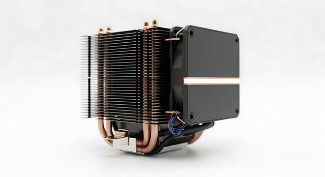 A computer processor cooling fan unit with copper heat pipes isolated on white background