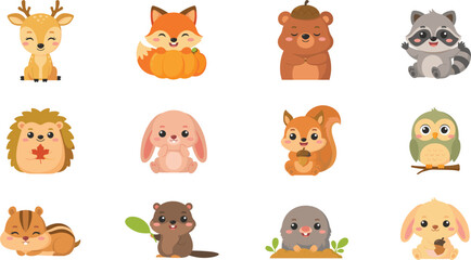 Fototapeta premium Cute Kawaii Woodland Animals Clipart Set Featuring Smiling Baby Fox, Bear, Raccoon, Deer, Hedgehog, and Owl Characters for Kids Autumn Designs