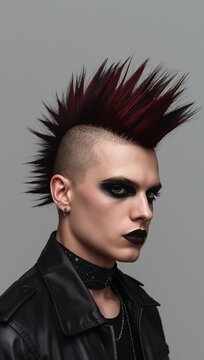 Edgy punk man with a dramatic spiked mohawk, dark makeup, shaved sides, leather clothing, and a rebellious alternative fashion style.