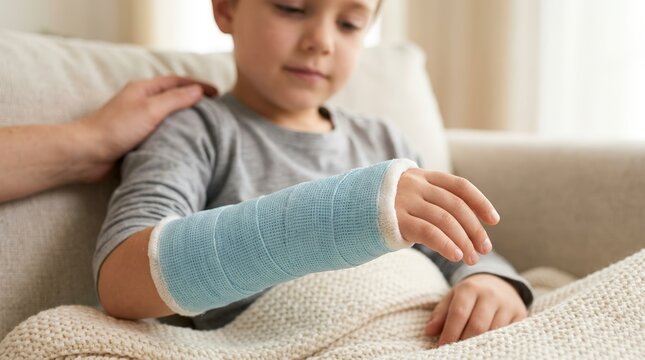 Close-up of a child's broken arm in a blue fiberglass cast. Parent comforting a young boy recovering from a bone fracture on a sofa at home. Pediatric orthopedic care