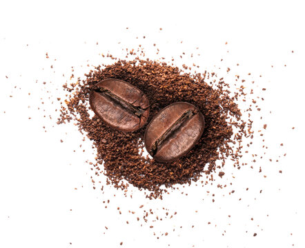 Roasted two coffee beans with coffee powder close-up isolated on a transparent background