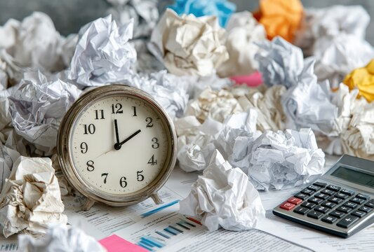 Crumpled papers, clock, and calculator on documents