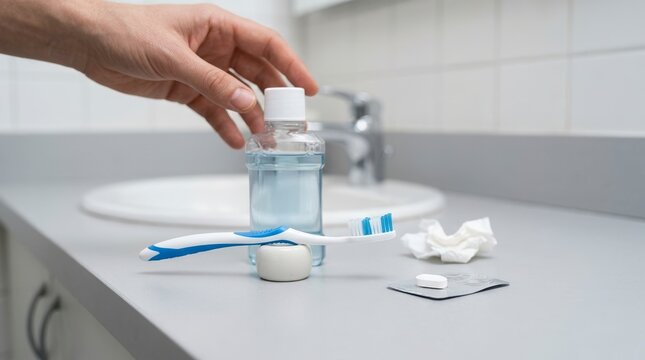Hand reaching for blue mouthwash bottle on bathroom counter. Toothbrush and medicine pill for oral care routine. Dental hygiene and health concept