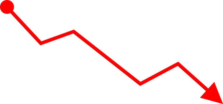 A red line graph shows a downward trend with a red dot at the start and a red arrow at the end, indicating a decline