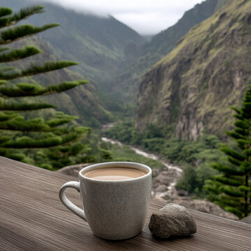 Cup milk tea mountain clean high fidelity nature outdoor peaceful morning misty. cup of milk tea wooden table with stone overlooking misty