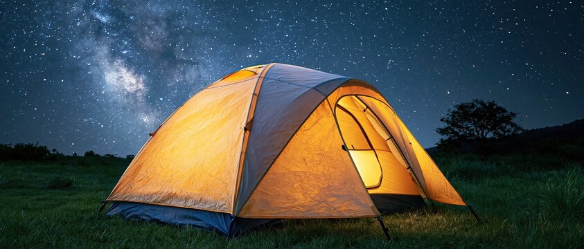 Glowing camping tents on grass under starry sky, outdoor adventure and nature beauty with milky way night sky background, peaceful night camping scene.