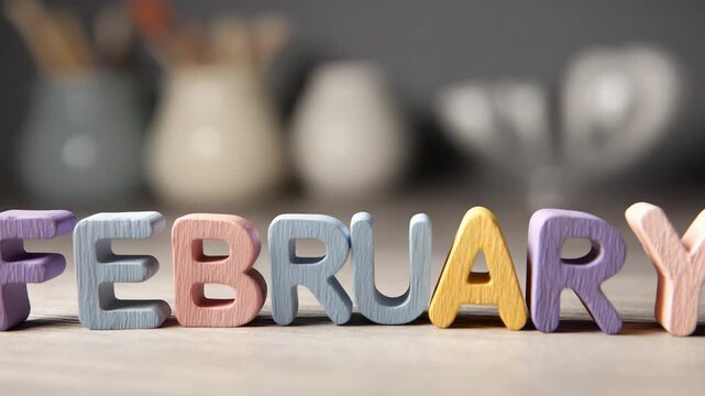 A vibrant text "February" crafted from matte ceramic letters arranged on a soft neutral tabletop with crisp focus gentle lighting and a blurred background evoking chilly late winter atmosphere