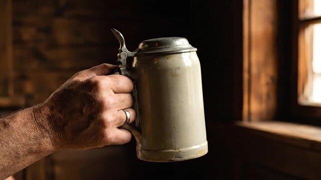Man holding ceramic beer mug with metal lid indoors near wooden window