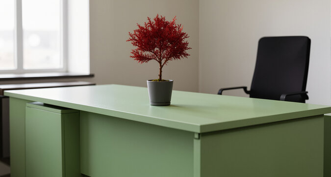A private office with a matte pistachio desk, topped with a tiny, potted red cedar tree as a minimalist decoration.

