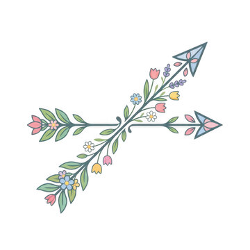 Decorative crossed arrows with floral elements, vintage boho style vector illustration isolated on transparent background