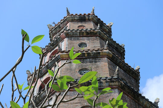 Phuoc Duyen tower octagonal brick pagoda seen from below with green plumeria leaves frame, historic Thien Mu temple landmark in Hue, Vietnam - January 21, 2026