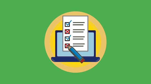 Online survey concept with form appearing from screen. Symbol of feedback, questionnaire, and data collection