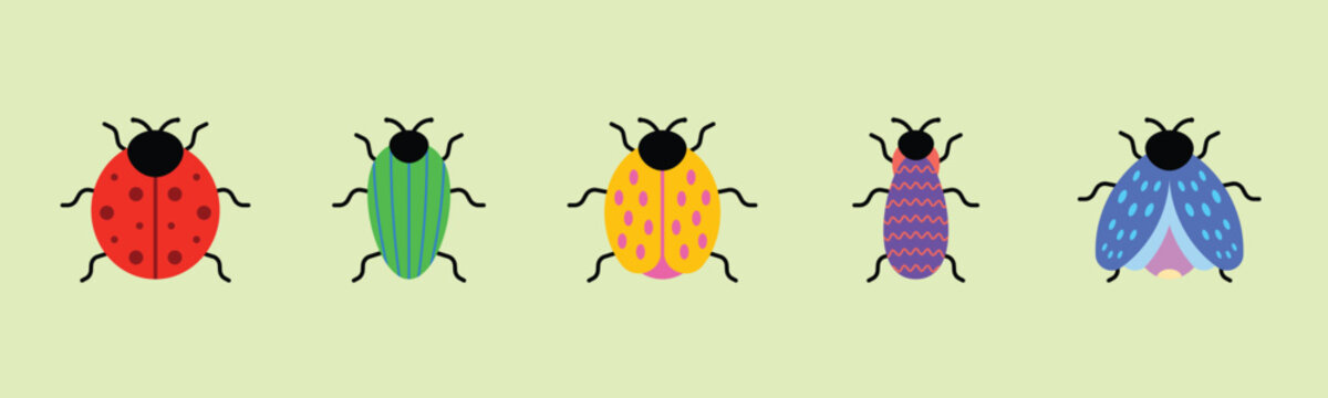 Colorful beetle insect icons set featuring ladybug, stag beetle, rhinoceros beetle, and firefly. Cute flat vector illustration for nature and education