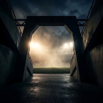Dramatic tunnel view leading to a bright stadium field