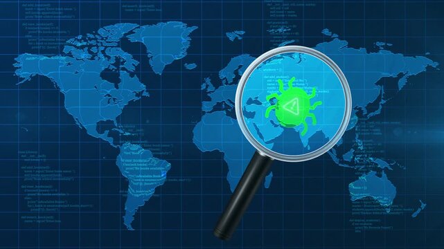 Magnifying Glass Scanning and Detecting Cyber Bug Virus on World Map Animation.