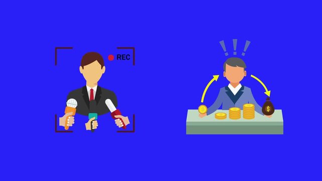 Two distinct illustrations on a blue background: a reporter at a press conference with microphones and camera frame, and a businessman with gold coins and cash representing financial transactions