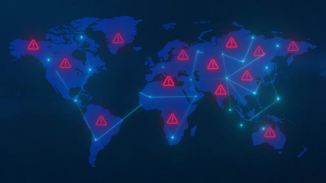 Global Cyber Attack Map Animation with Flashing Red Warning Alert Triangle Icons