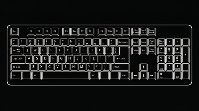 Modern Computer Keyboard Outline on Black Background.
