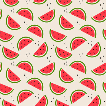 Seamless paper pattern with hand-drawn red watermelon slices and seeds 