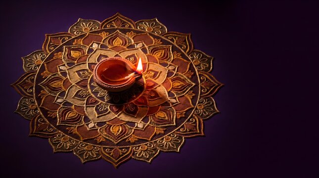 Beautiful glowing oil lamps arranged on a traditional mandala pattern to celebrate the happy diwali festival of lights