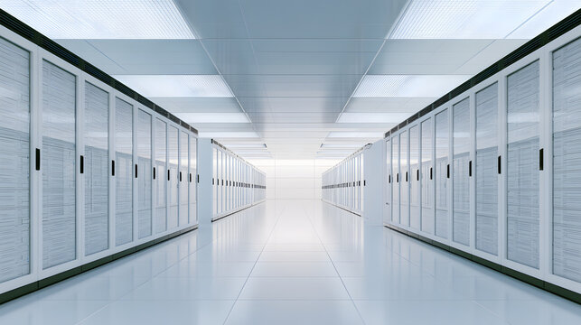 A white modern data center server room, viewed from a wide angle, showcases rows of sealed cabinets housing rack-mounted computing devices beneath spotless floors illuminated by ceiling panels