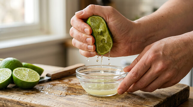 Hands Squeezing Fresh Lime Juice into a Glass Bowl on a Wooden Cutting Board for Healthy Food Preparation