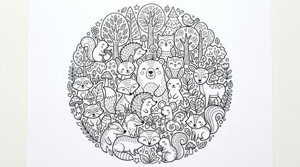Fototapeta premium Cute Forest Animals and Woodland Nature Elements in a Circular Doodle Composition, Coloring Page Illustration for Kids and Adults
