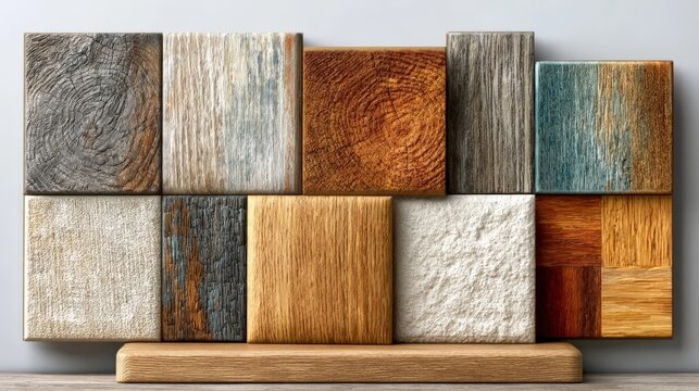 A collection of natural-colored laminate and parquet floor samples displayed on a wooden stand against a neutral background.