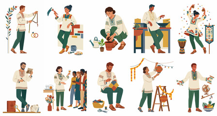 Fototapeta premium Collection of diverse people in traditional embroidered shirts performing various folk crafts, cultural activities, and everyday tasks in a flat illustration style.