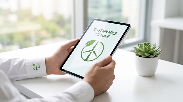 Business person holding tablet displaying sustainable future logo with wind turbine and leaf icon, representing green energy, eco-friendly technology, environmental conservation
