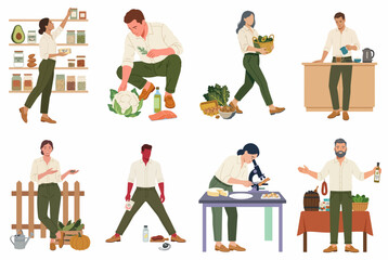 Fototapeta premium Diverse collection of flat illustrations featuring people engaged in food-related tasks, from sustainable farming and scientific research to home cooking and organization.