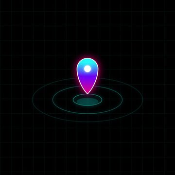 Neon location pin icon with circular radar waves on a dark grid background
