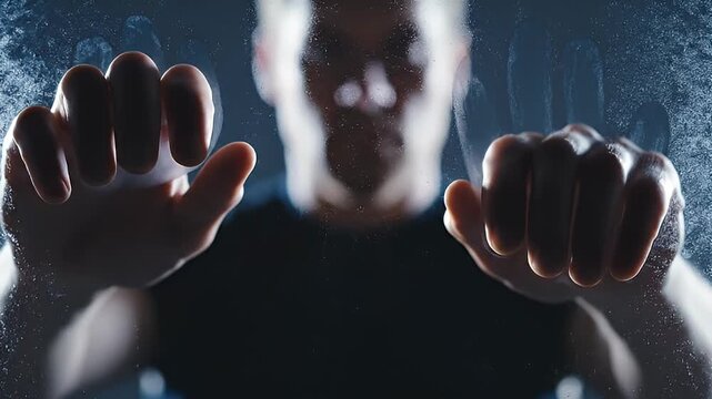 Blurred Silhouette of a Person Pressing Hands Against Frosted Glass, Evoking Mystery and Isolation