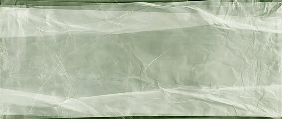 Obraz premium A textured old translucent tracing paper with folded layers, creases, and irregularities, displayed in a panoramic view with a greenish monochrome hue.