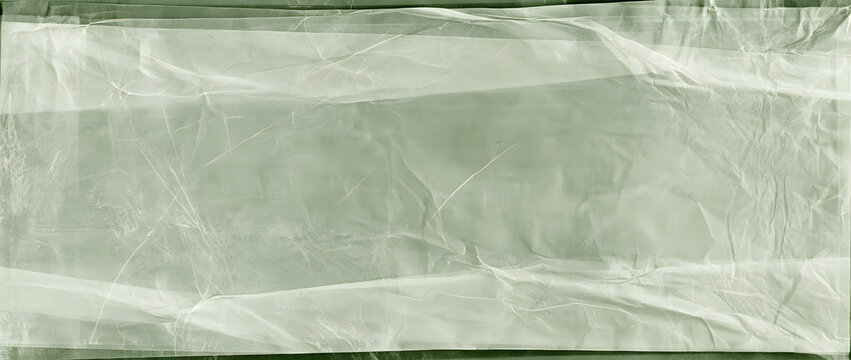 A textured old translucent tracing paper with folded layers, creases, and irregularities, displayed in a panoramic view with a greenish monochrome hue.
