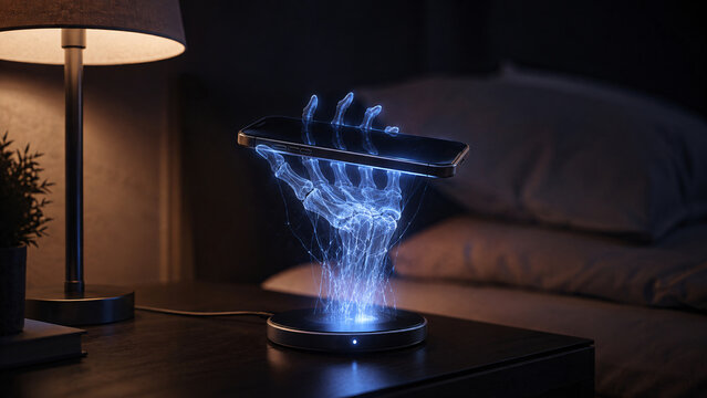  Smartphone floating above a glowing holographic skeletal hand in a dark futuristic Halloween bedroom.