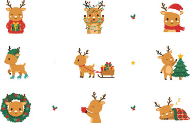 Obraz premium Cute Christmas Reindeer Vector Character Set Featuring Festive Holiday Activities with Santa Hat, Sled Full of Gifts, Christmas Tree, and Winter Lights Decoration Designs
