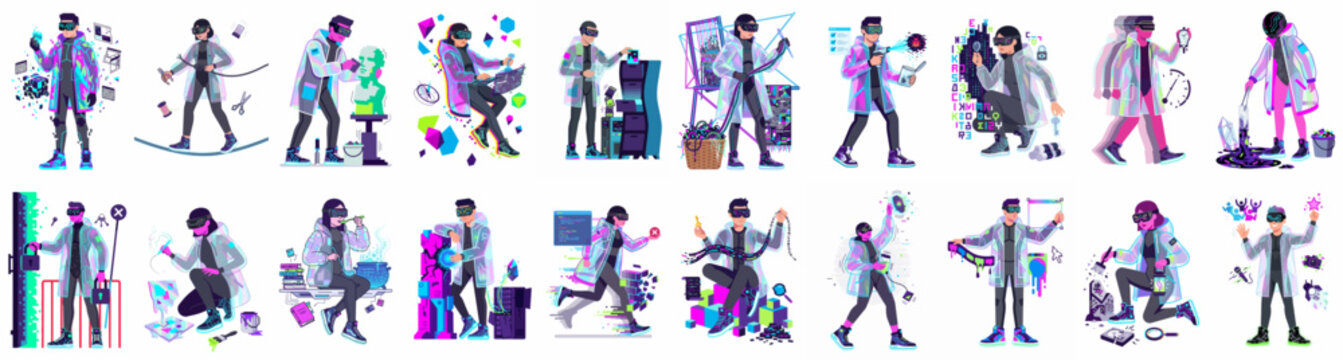 Collection of 20 futuristic scientist illustrations in a flat graphic style, featuring characters in lab coats interacting with technology and abstract elements.