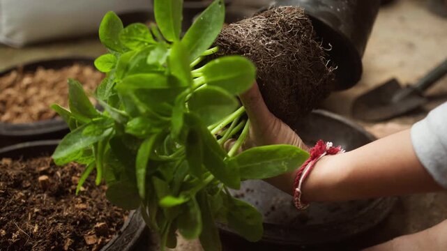 Hands gently remove young Basella alba seedlings from a pot for separation and replanting, demonstrating home gardening, vegetable cultivation, and growing fresh food at home.