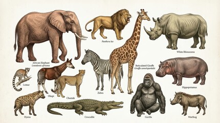 Fototapeta premium Vintage Scientific Illustration of African Wildlife Animals Collection Including Elephant Lion Giraffe and Rhino