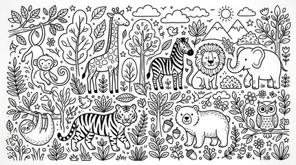 Fototapeta premium Cute Wild Animals Jungle Coloring Page Illustration with Lion, Tiger, Elephant, Giraffe, and Monkey in Nature