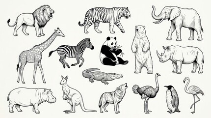 Fototapeta premium Hand-Drawn Wild Animal Collection Featuring Lion Tiger Elephant Giraffe Panda and More in Engraving Style Sketches