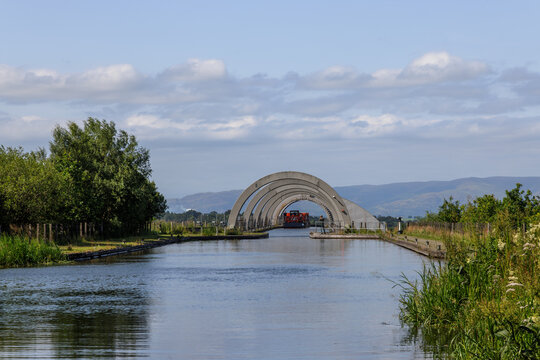 The Union Canal above the Falkirk Wheel, a rotating boat lift connecting the Forth and Clyde Canal with the Union Canal in Falkirk, Scotland.