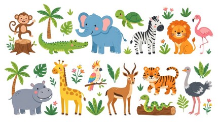 Fototapeta premium Cute Cartoon Wild Animals Collection with Tropical Plants and Leaves for Kids Education and Nursery Decor