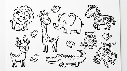 Fototapeta premium Cute Cartoon Wild Animals Coloring Page Set with Lion, Elephant, Giraffe, Zebra, Monkey, and Crocodile for Kids Education
