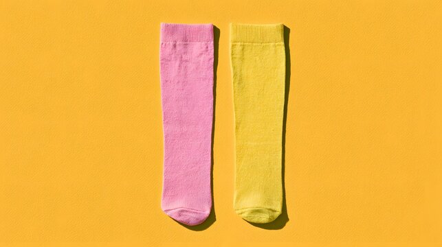 Pink and yellow socks laid flat on a vibrant orange background. This colorful fashion accessory image is perfect for retail or creative lifestyle advertising.